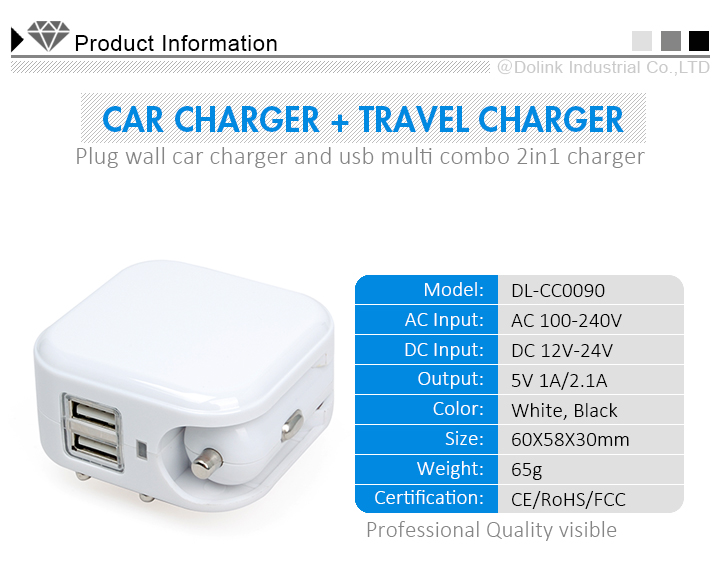 Mobile Accessories Multi-Function Dual USB Car Charger With Travel Charger 5V/2.1A