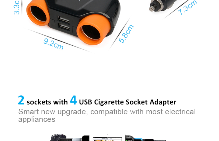 Portable 2 Sockets Cigarette Adapter 4 USB Port Charger for cellphone charging