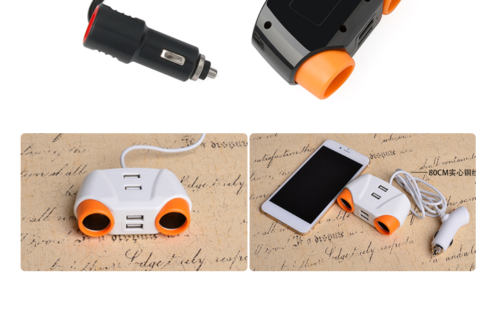 Portable 2 Sockets Cigarette Adapter 4 USB Port Charger for cellphone charging