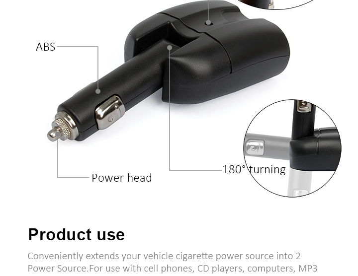 DC12-24V car 2 ways car cigarette lighter plug 1 into 2