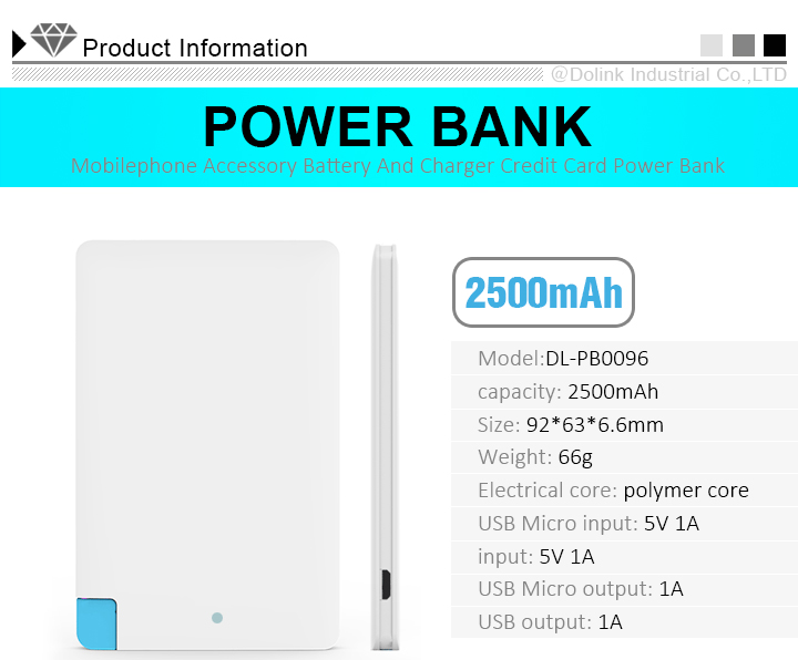 Slim Premium Fast-Charging Portable Charger 2500mAh External Battery Pack Power Bank with built-in Cable