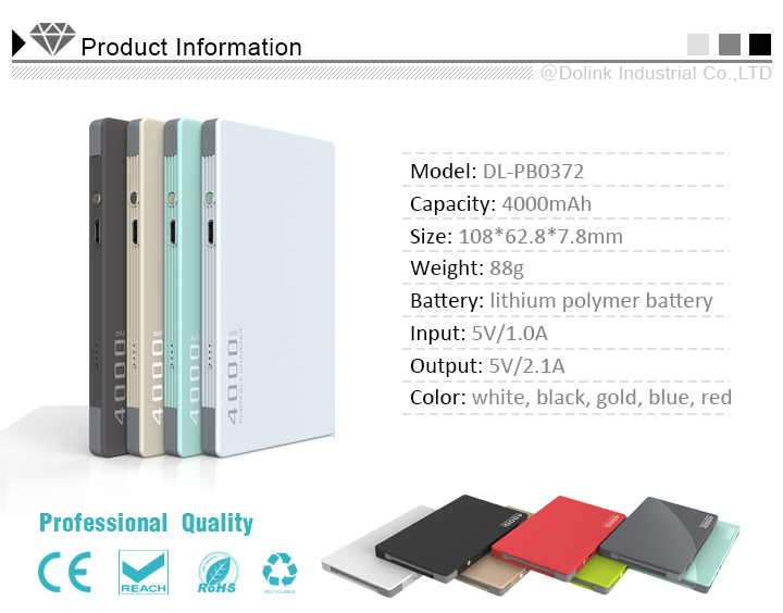 With cable 4000 mAh universal external mobile battery charger