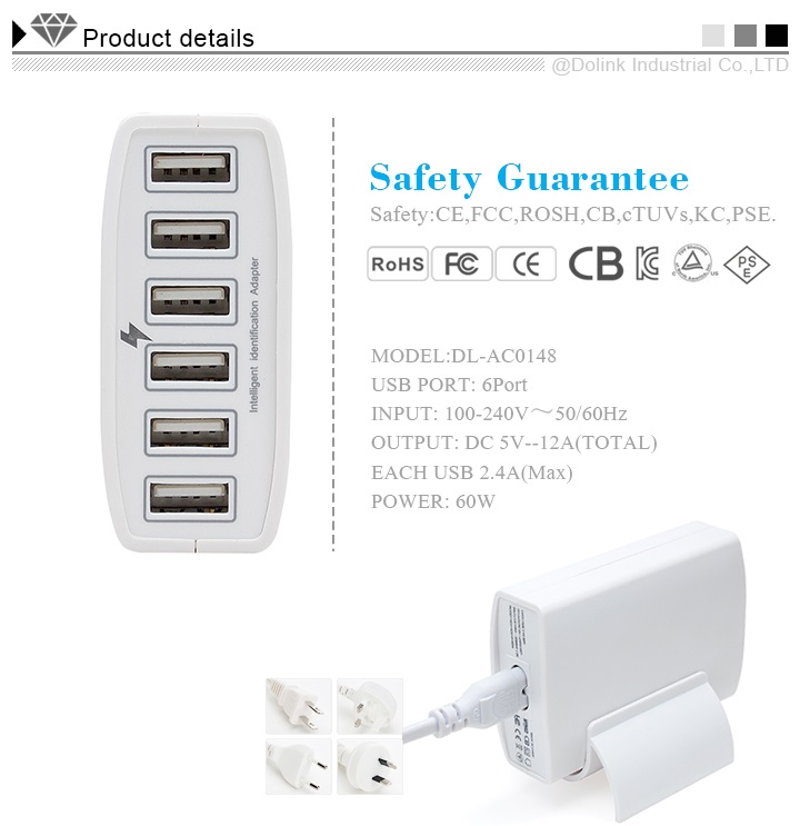 Most Powerful Smart 60W 6 Port 12A Multi USB Charger